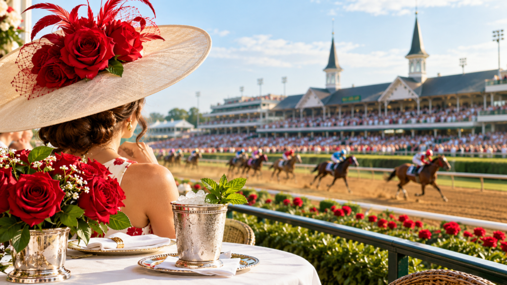 Elegant Kentucky Derby scene featuring a woman in a wide-brim hat with red roses, a mint julep, racehorses, and the Churchill Downs grandstand in Louisville, Kentucky.