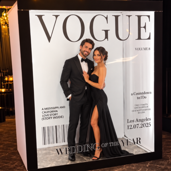 Guests posing inside an interactive magazine photo booth at a Louisville event.
